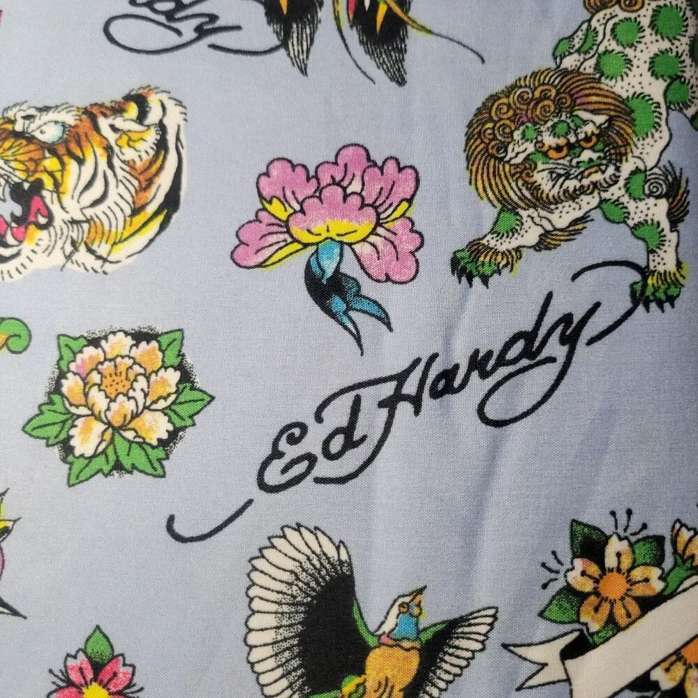 Ed Hardy QUEEN Blue Sheets Set 6pc Tattoo Foo Dog Tiger Floral Bird Heart Rose